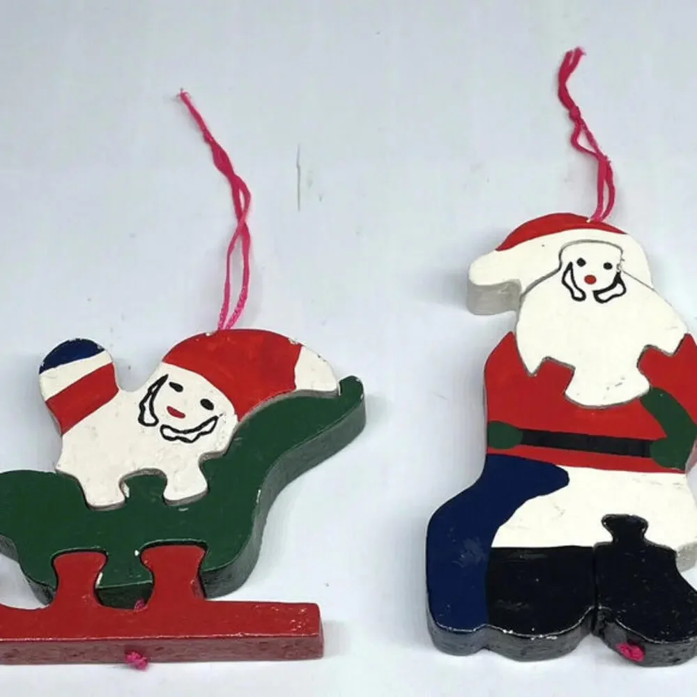 Painted Wood Jigsaw Puzzle Santa Christmas Ornaments‎ Set of 2 Vintage